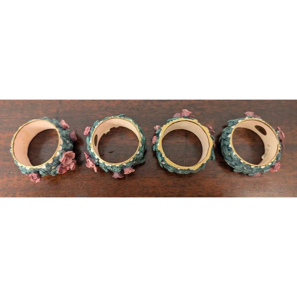Vintage Set of 4 Floral Rose Napkin Rings Resin Cottagecore Shabby Chic Pink